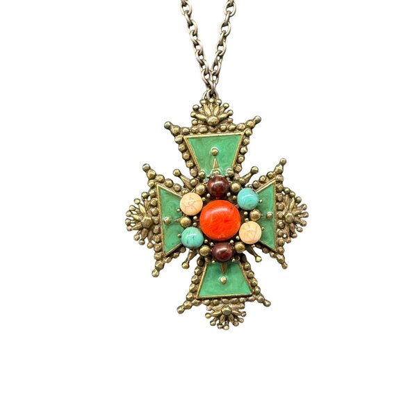 VTG Green Enamel Multicolor Beaded Cross Pendant Chain Long Necklace - Picture 2 of 8